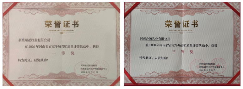 荣誉 | “百家牛场青贮质量评鉴活动”压球（中国）一站式服务平台新蔡瑞亚牧业、河南合源乳业分别荣获一、三等奖